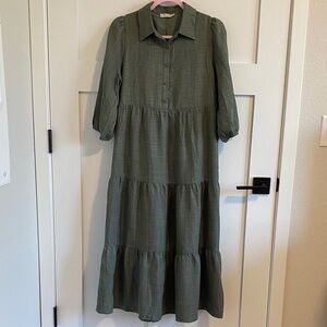 Green Puff Sleeve Sundress with Polo Collar